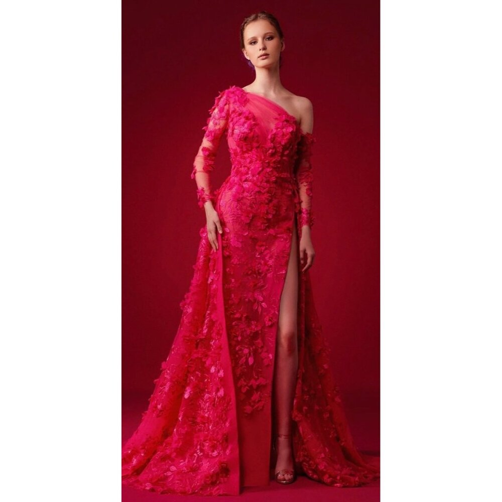 GATTINOLLI BY MARWAN Tulle Asymmetric Dress with Overskirt and Floral